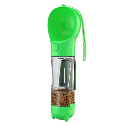 Drinking bottle with snack container & poop bag dispenser